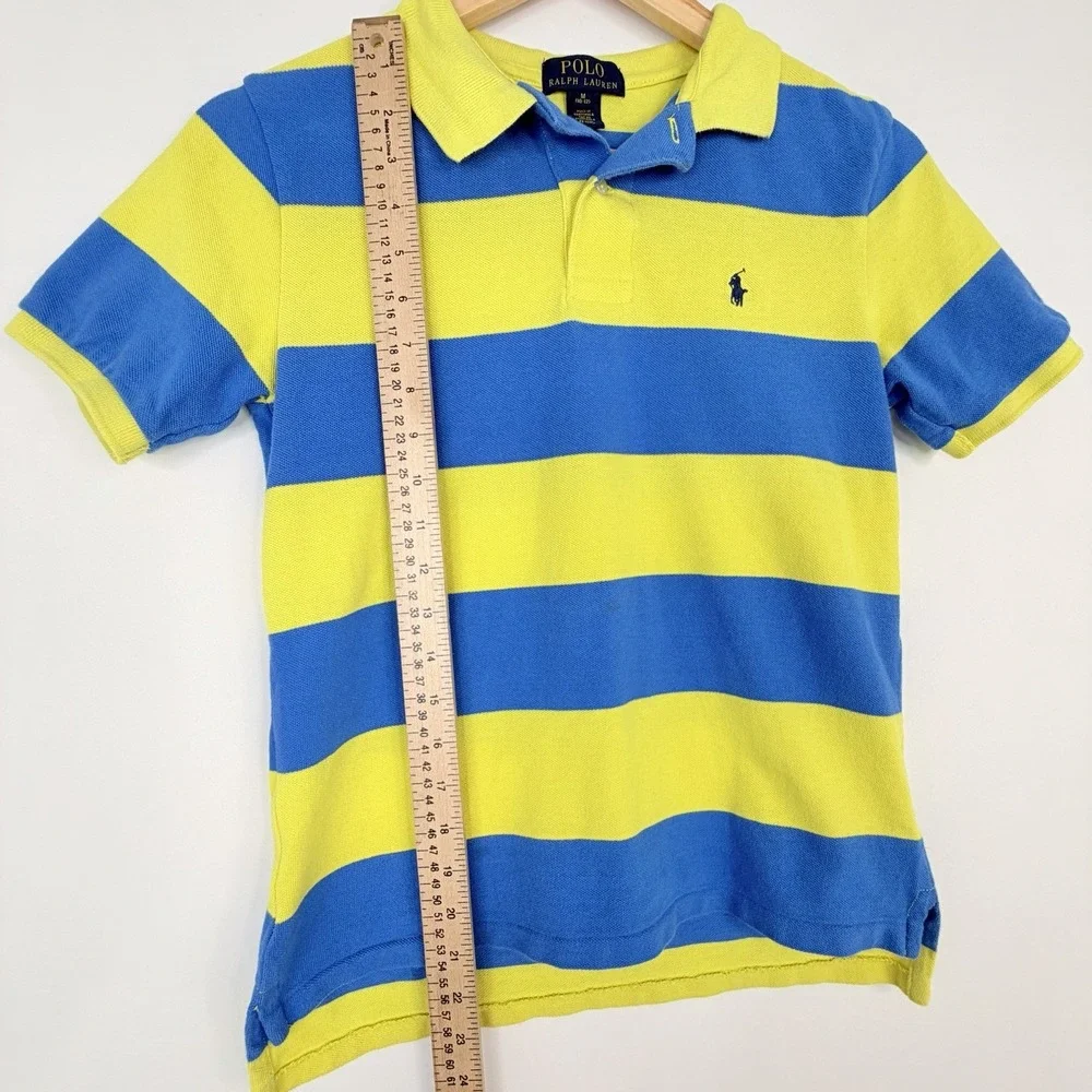 Ralph Lauren Youth Yellow Blue Striped Short Sleeve Rugby Polo Shirt SZ- M 10/12